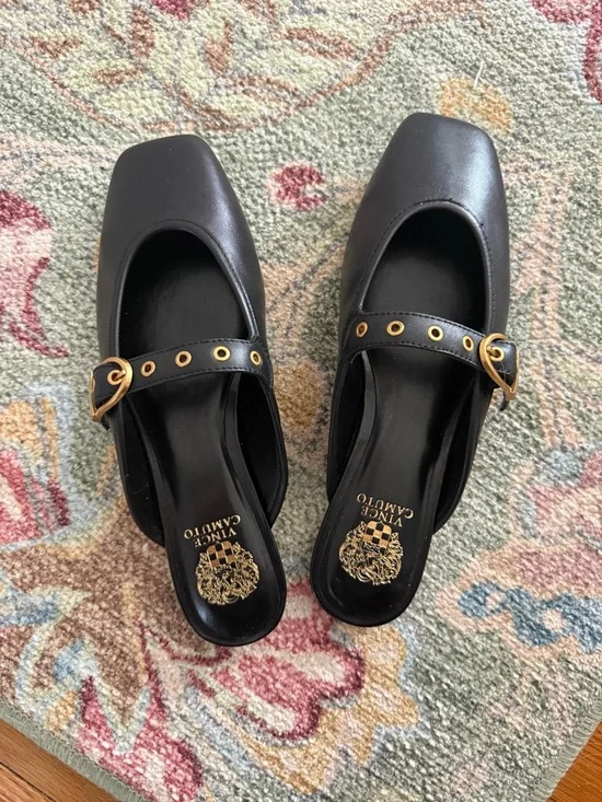 Vince Camuto Black Leather Mary Jane Mule with Gold Buckle Accents - Picture 1 of 2